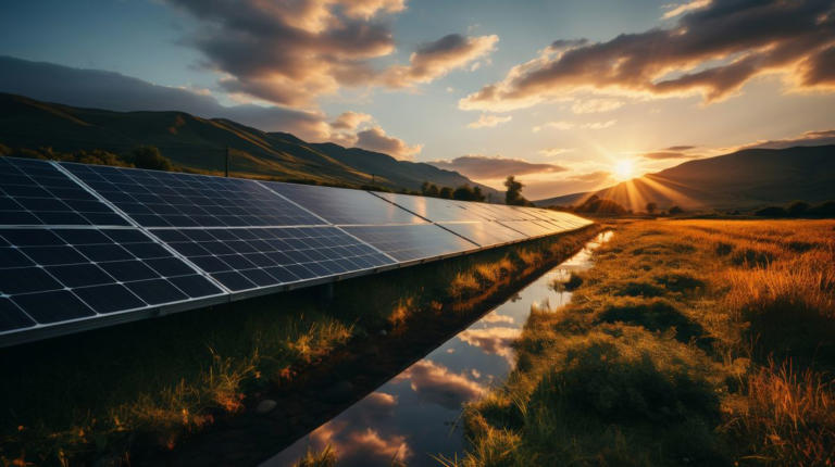 paneles solares con atardecer de fondo